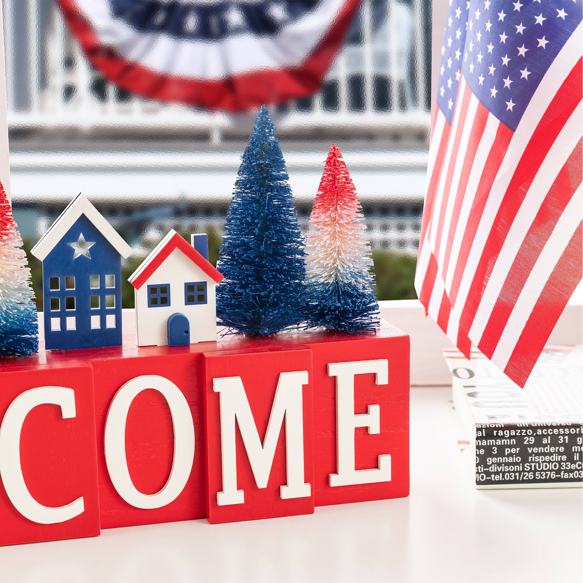 Glitzhome® 14" Patriotic Americana Wooden House & Brush Trees Table Decor